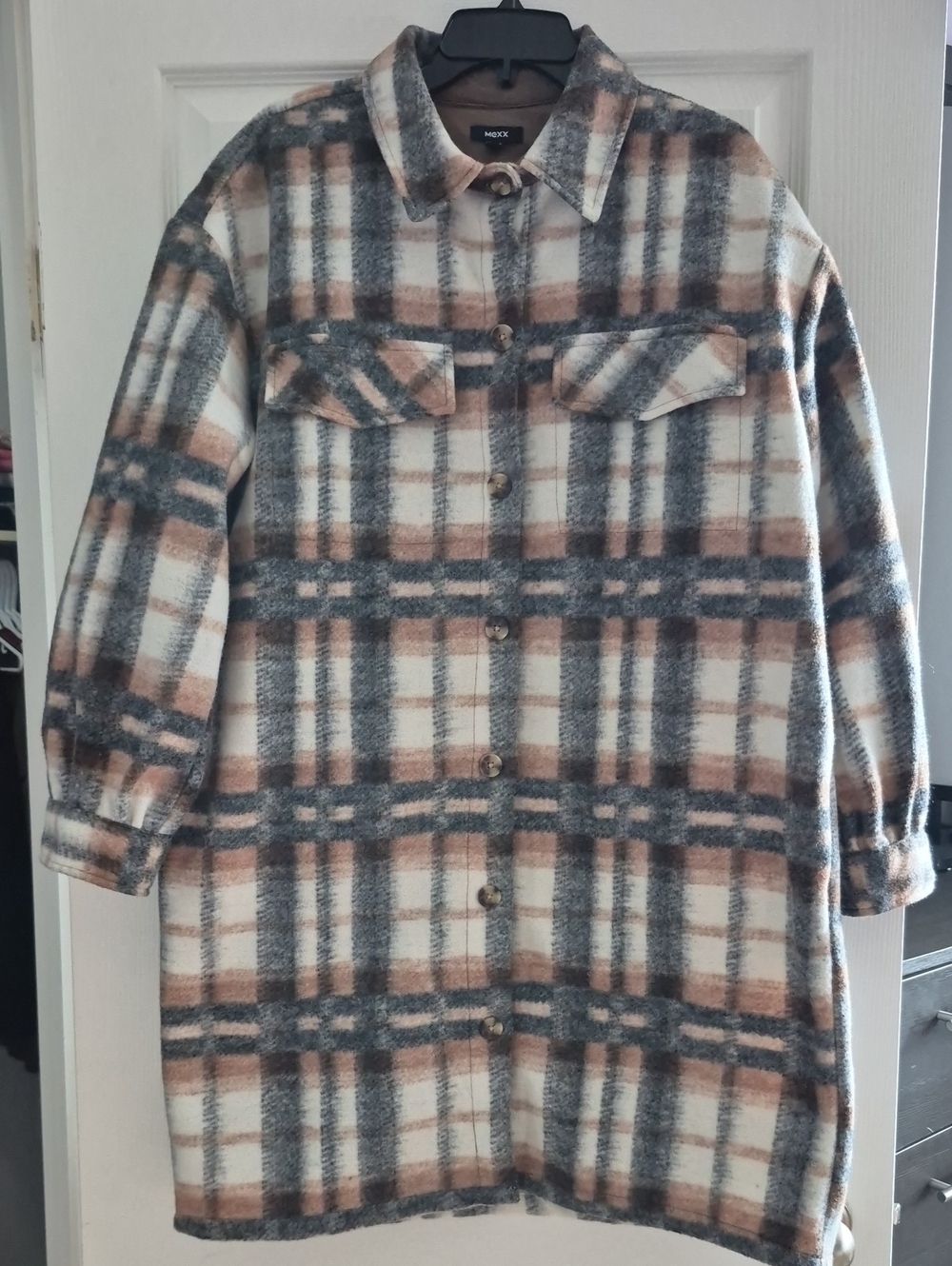 Mexx Plaid Shacket Jacket in Cream, Gray & Brown